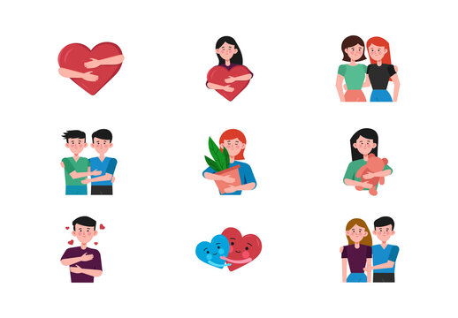 Red And Blue hug couple family friendship celebration Illustrations Set