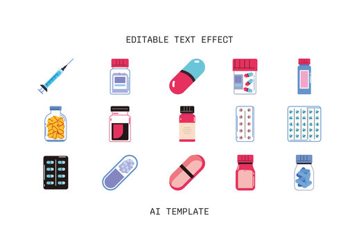 Blue And Red Medicine Pills Syringe Vials Capsules Illustrations Set