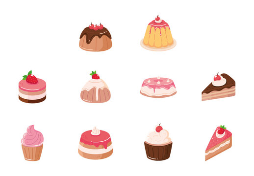 Pink And Brown dessert cake sweet pastry cupcake Illustrations Set