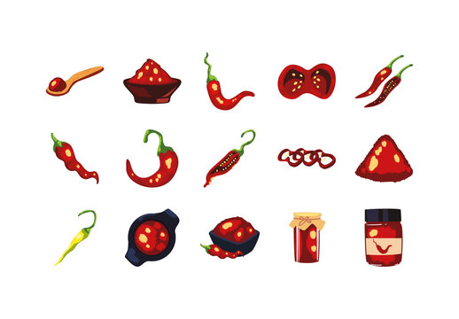 Red And Yellow Chilli Pepper Spice Hot Sauce Cooking Illustrations Set