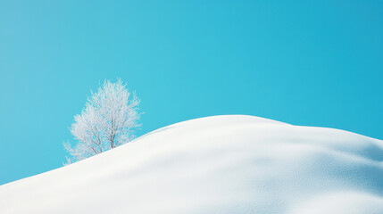 Fototapeta premium Solitary frost covered tree on a snowy hill under clear blue sky