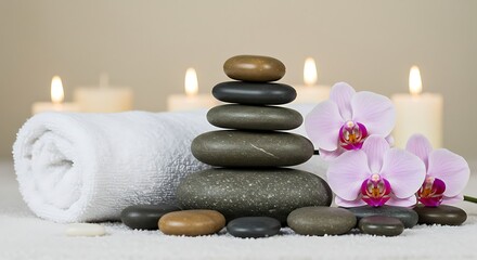 Zen Stones and Orchids with Towel for Relaxation