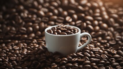 Fototapeta premium Coffee beans that are roasted on a surface. Inside a coffee cup, roasted brown decaffeinated coffee beans. Viewed from above