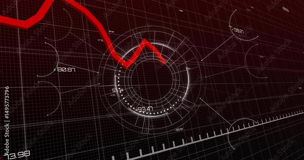 Poster fading in circular data interface pulsing while red jagged graph entering, tracing market trends