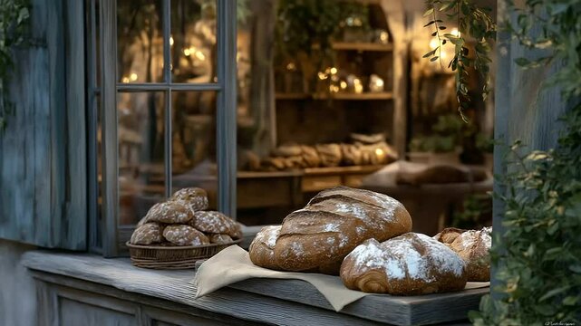 Cozy bakery window with rustic bread and pastries in village square