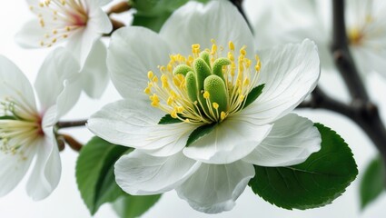 Fototapeta premium Isolated white background featuring spring-blooming apple blossoms on a path
