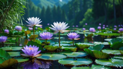 The rich biodiversity and natural beauty of Ecological Pond are well-known. Purple water lilies in the pond bring a lively element to the mountain forest.