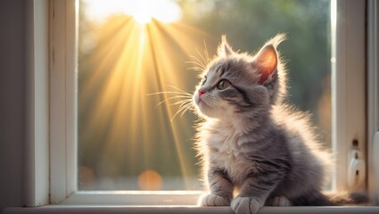 Young cat observing the sun outside.