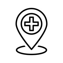 hospital location map pointer, cross icon with location pin, black filled symbol isolated on white background, vector marker, first aid sign	
