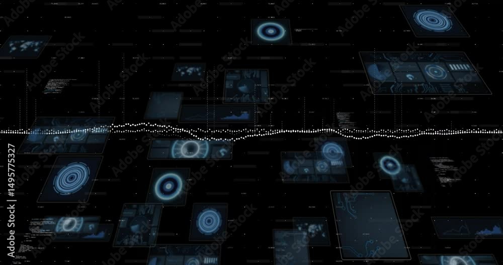 Poster white dotted waveform appearing at center causing panels rising and floating visualizing data flow