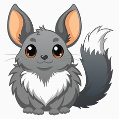 A fluffy gray chinchilla with large ears and a bushy tail sits with white background.