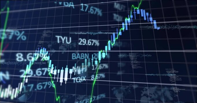 Camera panning across grid, revealing tickers and charts emerging and waving showing market shifts