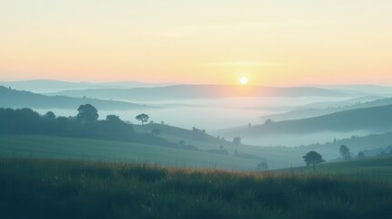 Fototapeta premium Minimalist illustrated foggy English countryside at dawn