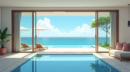 Fototapeta premium Open concept villa living space connecting to infinity pool
