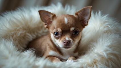 Obraz premium Tiny chihuahua dog on a comfy bed, aged 4 months