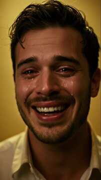 Overwhelmed young man with stubble cries and laughs simultaneously, tears on his face against a warm yellow background, expressing intense, complex emotions like relief or bittersweet joy