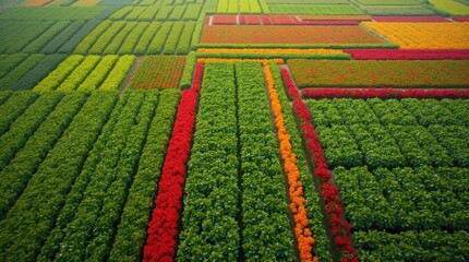 Aerial view of colorful vegetable plantation rows