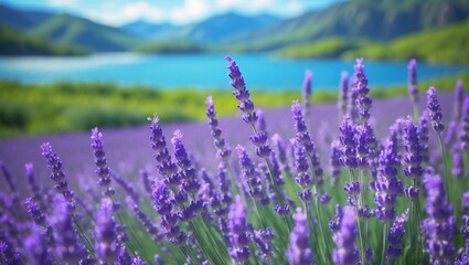 Naklejka premium Beautiful landscape showcasing lavender fields by the shore of the Verdon river. Valensole Plateau, Provence, France