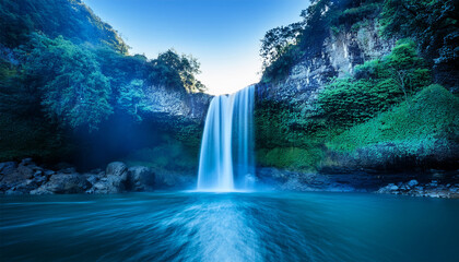 waterfall cascading into a serene blue gradient background gradient waterfall tranquility