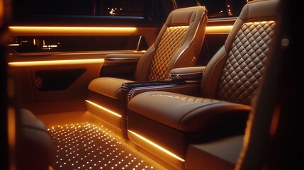 Luxurious car interior amber lighting diamond stitched leather seats