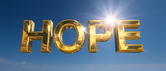 golden HOPE sign over clear blue sky background