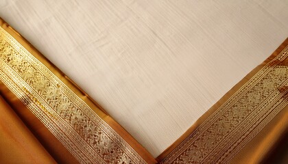 kerala kasavu sari border cream linen fabric with gold zari border festive occasion textile background