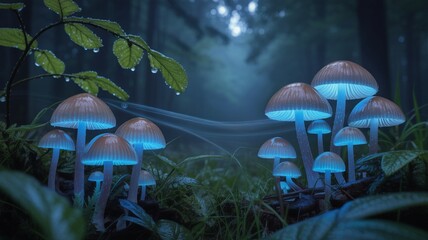 Fototapeta premium Glowing mushrooms in night forest with magical atmosphere , glowing mushrooms with bioluminescent light, fantasy glowing mushrooms in dark enchanted woods