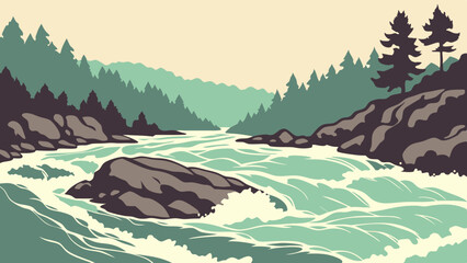Abstract representation of a rushing river with white water rapids vector illustration