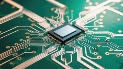 A detailed macro image showcasing a small microchip circuit board.