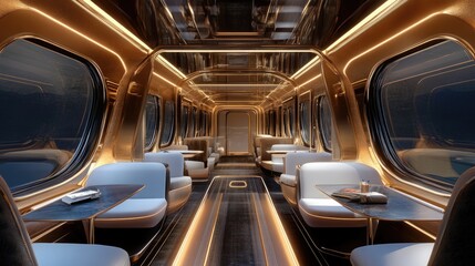 Luxury train car interior: golden walls, night view