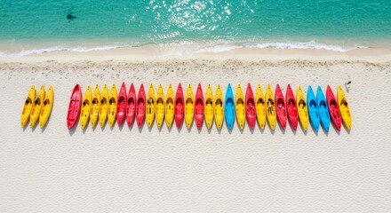 Colorful kayaks arranged neatly on sandy beach, with turquoise water gently lapping at the shore, creating a vibrant and inviting outdoor scene for water sports enthusiasts	
