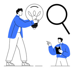 Two people working together, one holding a lightbulb, another gesturing with a clipboard near a magnifying glass. Ideal for teamwork, creativity, innovation, solutions, analysis, strategy discovery