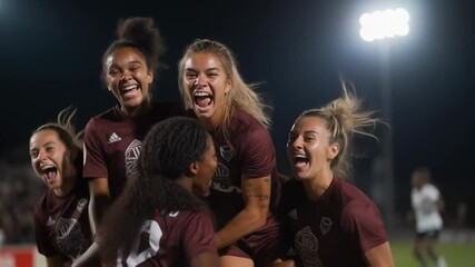 Joyful female soccer players hugging and laughing in celebration of a victory on a soccer field at night under floodlights, embodying teamwork, sports triumph and women's athletics - Powered by Adobe