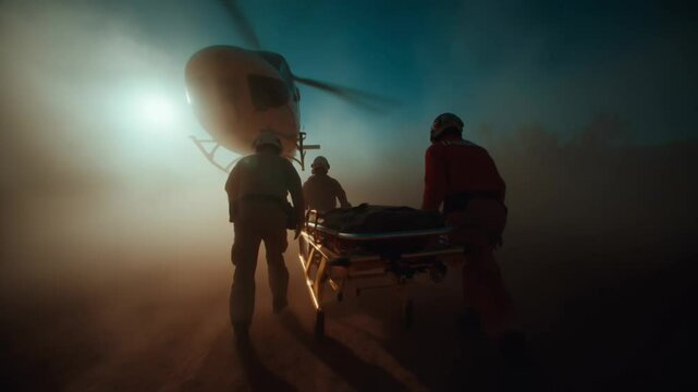 Paramedics urgently transporting a patient on a stretcher towards a medical helicopter in a dramatic, smoky environment, highlighting emergency medical services and critical rescue operations