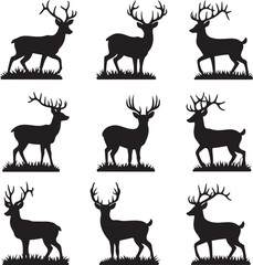 Nine Black Silhouettes of Deer in Grass