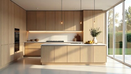 Modern minimalist kitchen interior with wood cabinetry, serene neutral tones, and clean architectural lines. 3D Rendering, created with generative ai