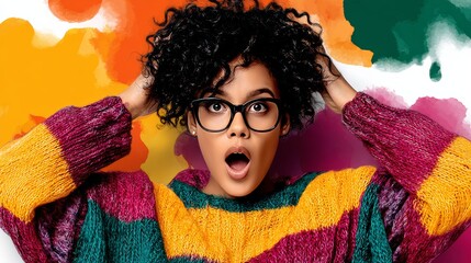Woman with curly hair and glasses is wearing a striped sweater and looking surprised. The image has a colorful and vibrant feel to it, with the woman's outfit and the background