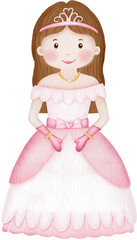 Watercolor illustration of a princess with pink dress and tiara on transparent background. © beyouenked