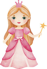 Watercolor illustration of a princess with a pink dress and a star wand on transparent background. © beyouenked