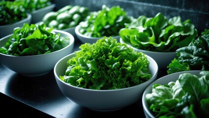 Fresh green vegetables served in a white bowl, concept of healthy food market