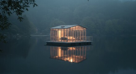 Floating Glass House on Misty Lake - Serene Architecture Photo