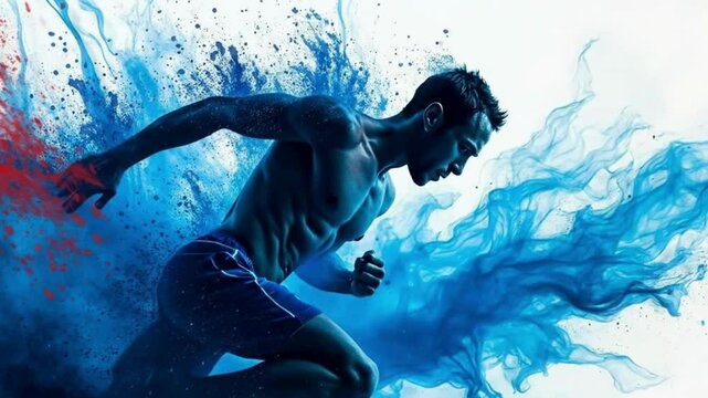 Athletic runner in dynamic jogging pose against vibrant blue and red painted background with copy space