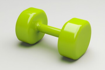Obraz premium A single green dumbbell resting on a white surface casting a shadow in a studio setting view