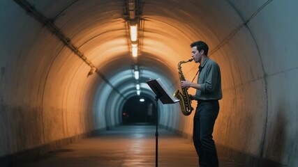 Saxophonist passionately playing his instrument in a dimly lit urban tunnel, warm light creating an atmospheric ambiance, ideal for music performance and artistic expression themes