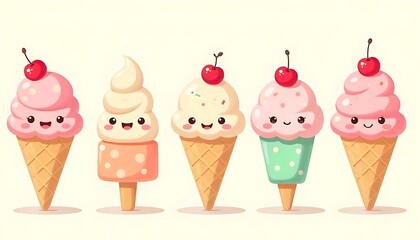 set of funny cheerful,friendly ice cream characters.Sweet kawaii smiling summer delicacy,tasty sundaes,gelatos with different tasties for kids designs and decorations, created with generative ai