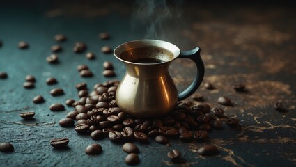 Antique coffee pot set against a dark rustic background