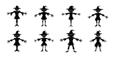 Creepy Scarecrow Silhouettes Set, Halloween Spooky Characters Vector Collection
