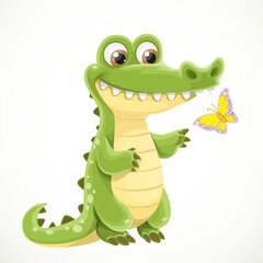Fototapeta premium Cute cartoon alligator catching a butterfly isolated on a white background