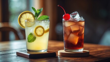 Chilled lemonade and grape iced tea arranged on the table