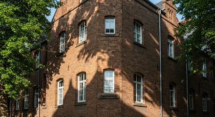 Brick Building Facade with Windows and Tree Shadows, Architecture Photo